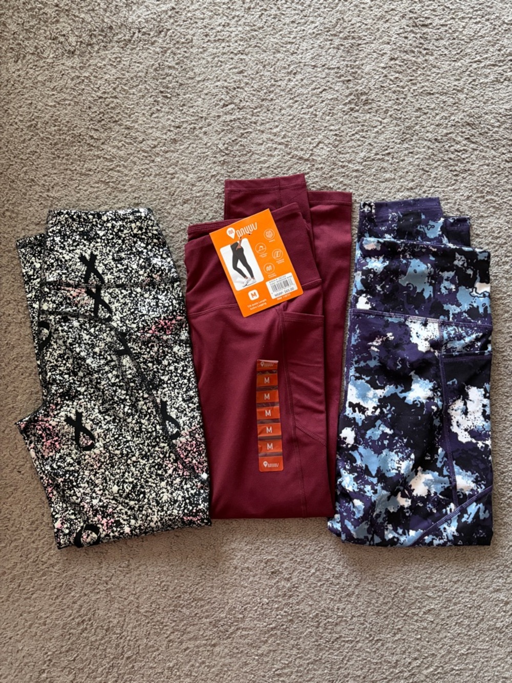 NWT BUNDLE of 3 Maroon, Blue Tye Dye Floral and Silver Workout Leggings